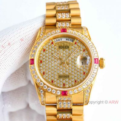 Swiss Rolex Day-Date Ruby 38mm Watch Diamond-set Center Band